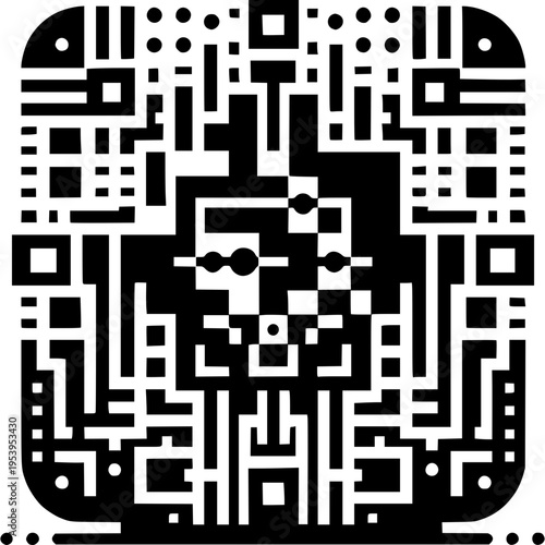 Mysterious QR Code Design: A high-contrast graphic QR code, with its intricate patterns and clean lines, hinting at modern digital technology. 