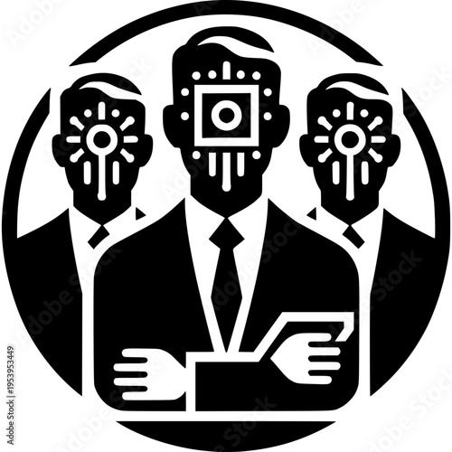 AI Revolution: Three suited individuals are depicted with digital overlays, symbolizing the fusion of human and artificial intelligence, teamwork, innovation, and technological evolution.