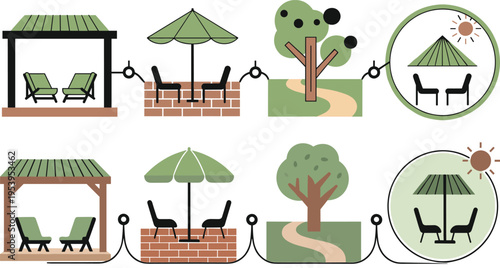 Outdoor patio furniture set illustration with garden pergola umbrella chairs tree landscape icons for backyard terrace relaxation vector collection design