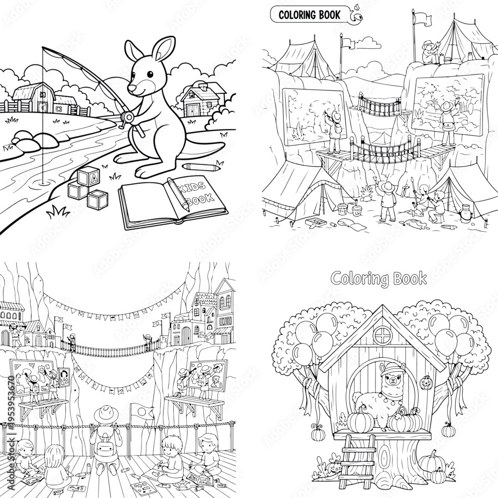 Fototapeta premium Kangaroo fishing and fantasy castle coloring book pages for kids creative activity