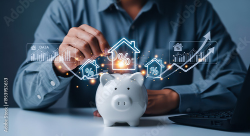 A man putting a coin into a piggy bank with a house and data graphics