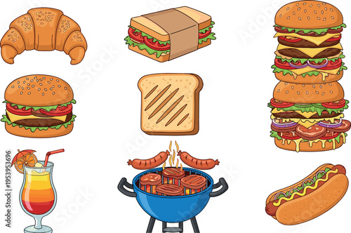 Fast Food Vector Illustration Set with Burgers, Sandwich, Croissant, Hot Dog, Barbecue Grill and Cocktail Drink Isolated on White Background