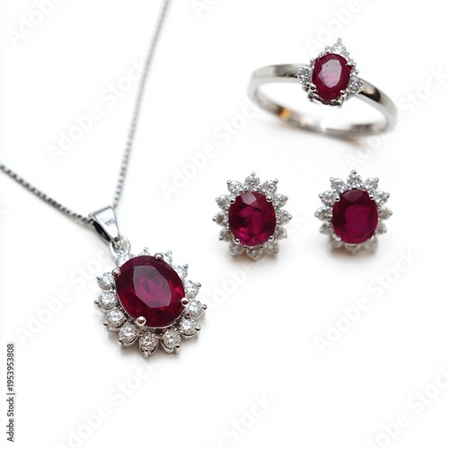 An elegant set of ruby jewelry, including a necklace, ring, and earrings, with exquisite detail