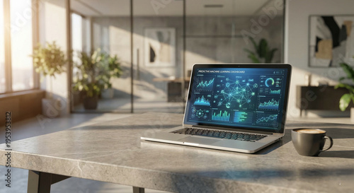 Laptop displaying predictive machine learning dashboard in office