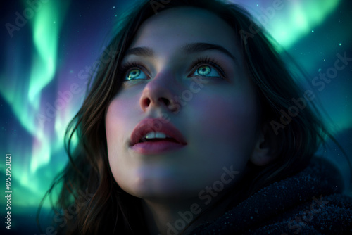 Aurora's Embrace: A woman gazes in wonder at a vibrant display of the aurora borealis, a mesmerizing dance of light across the night sky.