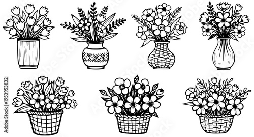 Beautiful bouquets of flowers in vases and baskets for decoration