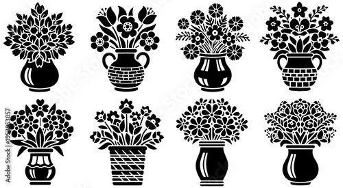 Eight black and white floral arrangements in decorative vases