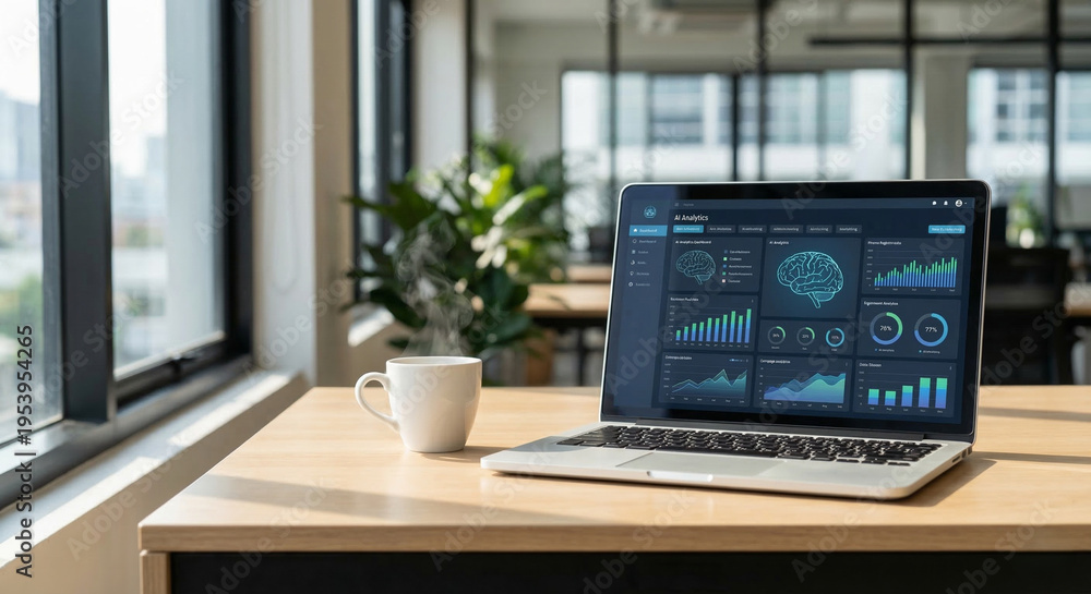 Fototapeta premium Laptop displaying AI analytics dashboard in modern office