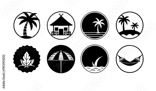 Tropical beach icon set with palm hut umbrella and hammock outline vector isolated on white background