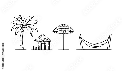 Flat tropical beach badge icons with palm hut umbrella and hammock black and white vector set isolated on white