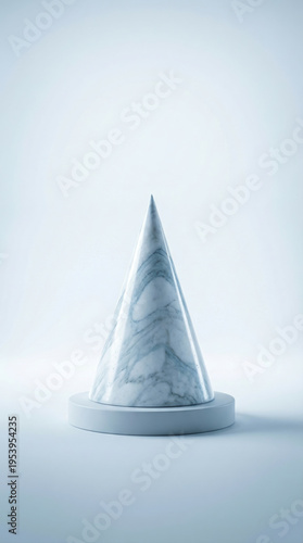 Abstract conical marble object on a white pedestal