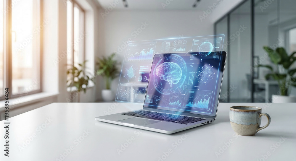 Naklejka premium Artificial Intelligence Interface on Laptop in Office