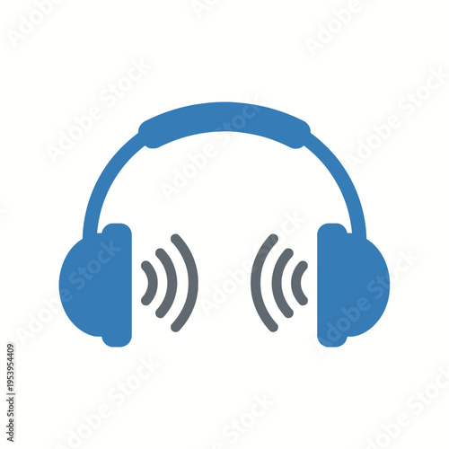 Graphic illustration of blue headphones with sound waves on a white background, conveying a music or audio concept in a simple style.