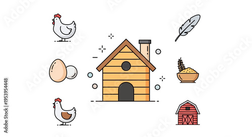 chicken house with chickens and eggs.