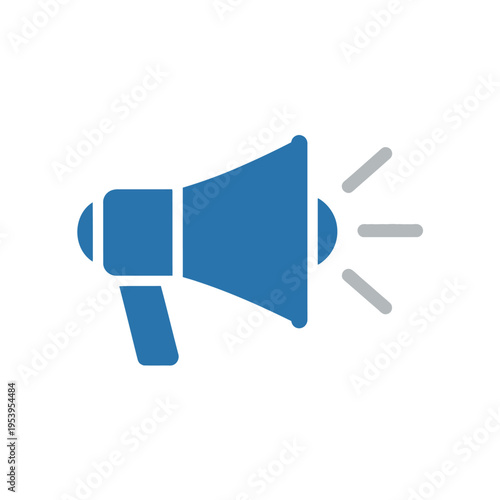 Flat design illustration of a blue megaphone with gray sound lines on a white background, conveying a communication or announcement theme.