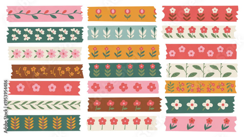 Abstract floral washi tape collection with colorful scrapbook stripes decorative sticky labels and modern botanical border elements vector set