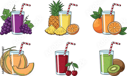 Fresh fruit juice collection with grape, pineapple, orange, melon, cherry, and kiwi drinks in glass with straw vector illustration set