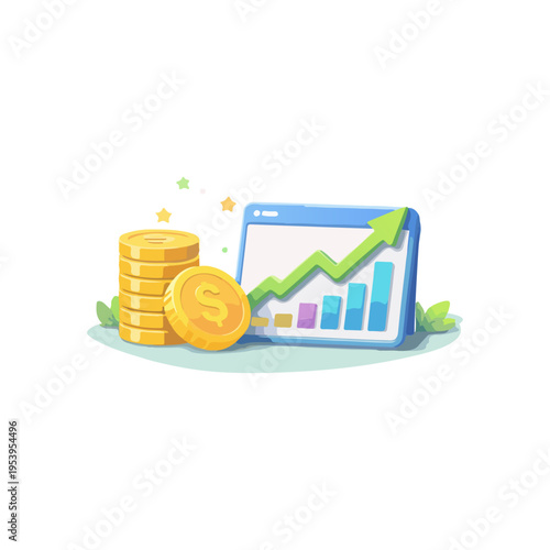 Financial Growth Chart With Coins And Dollar Symbol Vector Illustration. Investment Profit And Business Revenue Increase Concept With Rising Bar Graph