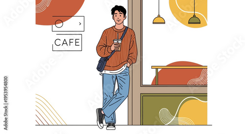 Young Man Relaxing with Coffee in a Modern Cafe