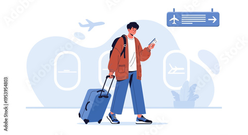 Young Man Traveling with Luggage at Airport Gate, Ready for Flight