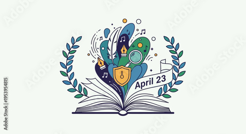 Elegant line art illustration of an open book with shield and laurel wreaths isolated on transparent background