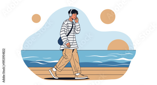 Young Man Walking on Beach Listening to Music with Headphones, Summer Vibe