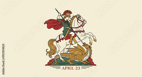 Saint George slaying a dragon on horseback isolated on transparent background
