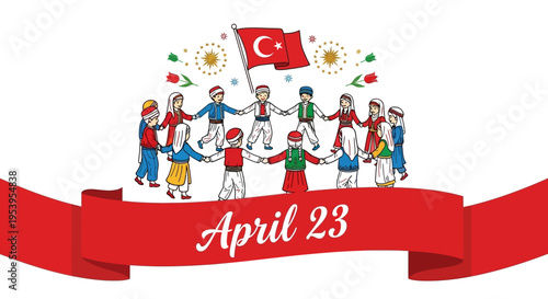 Elegant line art illustration of Turkish people celebrating April 23 isolated on transparent background