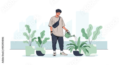 Young man watering houseplants in urban setting, modern illustration