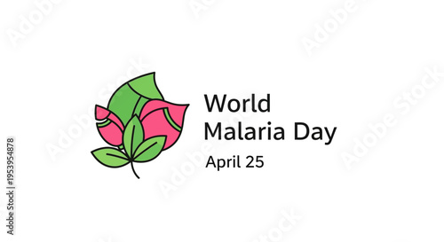World Malaria Day logo with pink flowers and green leaves isolated on transparent background