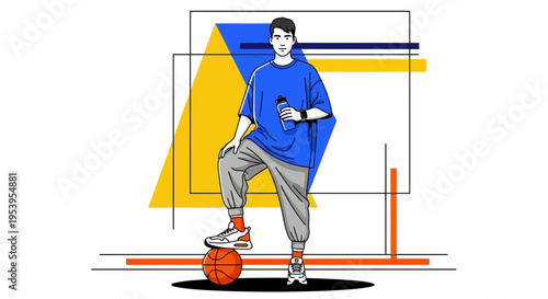 Young Man with Basketball, Geometric Shapes, Modern Graphic Art Style