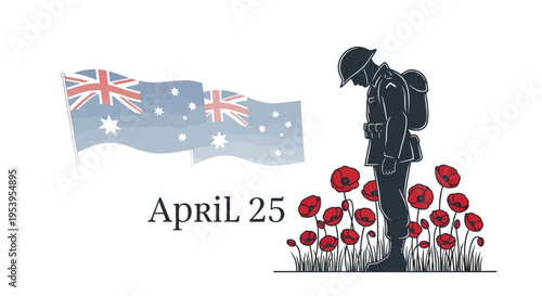 Silhouette of a soldier standing with poppies and Australian flag on ANZAC Day isolated on transparent background