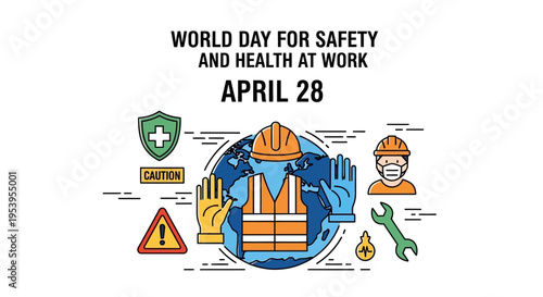 World Day for Safety and Health at Work April 28 concept with safety icons and worker gear isolated on transparent background