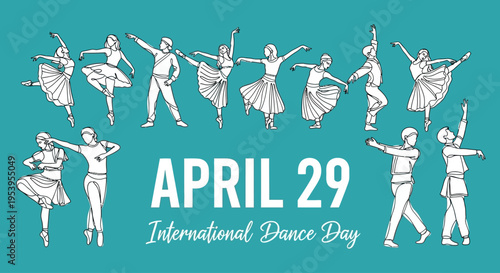 Elegant line art illustrations of ballet dancers in various poses celebrating International Dance Day on April 29 isolated on transparent background