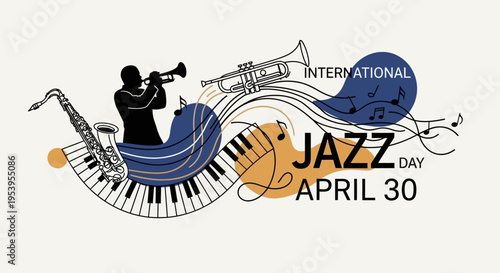 Silhouette of musician playing trumpet and saxophone with piano keys and musical notes, celebrating International Jazz Day isolated on transparent background