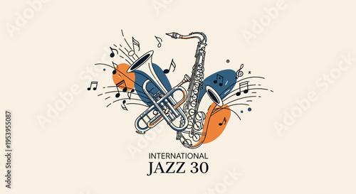 Elegant line art illustration of saxophone and trumpet with musical notes, isolated on transparent background