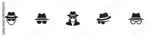Incognito icon set. Anonymous spy agent, private detective character in disguise with hat, glasses, mustache. Security, privacy, hidden identity concept. Vector illustration. EPS 10
