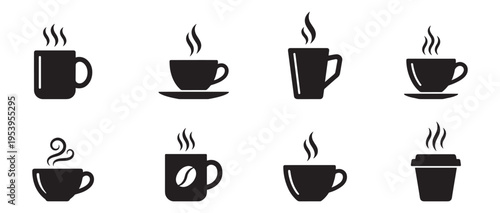 Coffee cup icon set. Cups of coffee tea collection. Hot drink icon. Disposable cup. Cup coffe with steam. Flat style. Vector Illustration. Vector Graphic. EPS 10