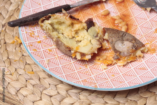 Leftovers of a jacket potato and beans meal on a dinner plate