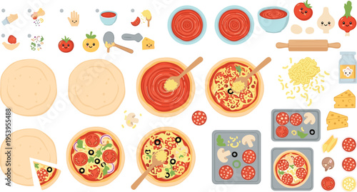 Pizza preparation process with dough tomato sauce cheese toppings and baking steps Italian cuisine flat vector illustration set