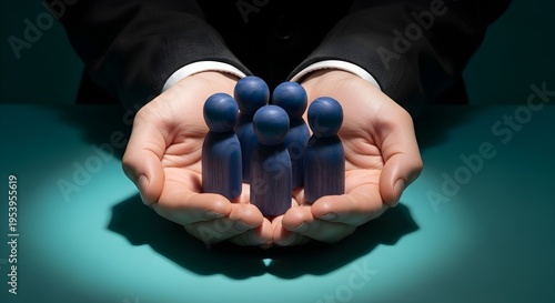 Manager's Hands Embracing Blue Figures, Symbolizing Team Protection, Support, and Business Care