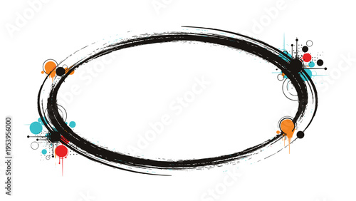 Large black oval frame with a hand drawn brushstroke texture and vibrant colorful paint splatters arranged on a clean white background.