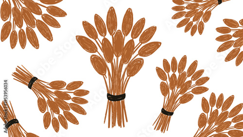 Minimalist seamless pattern featuring small bunches of brown dried seed pods or pussy willow stems tied with black bands.