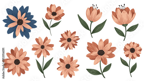 Collection of stylized individual flower illustrations and buds in shades of peach, coral, and blue with green leaves.
