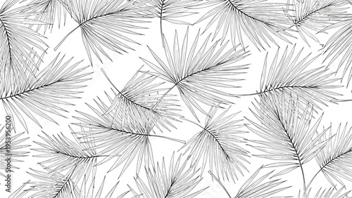 Seamless pattern of sketchy black line art palm fronds and tropical leaves scattered on a clean white background.
