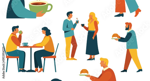 People enjoying beverages and pastries illustration