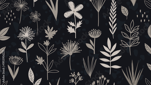 Seamless floral pattern with beige wildflowers and botanical elements on a dark navy blue background for textile design.