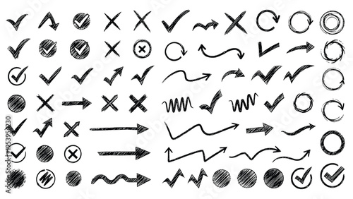 Extensive set of black hand drawn checkmarks, crosses, arrows, and circles for business and education projects.