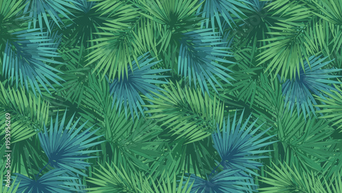 Vibrant seamless pattern of layered green and blue tropical palm leaves creating a dense jungle foliage texture.