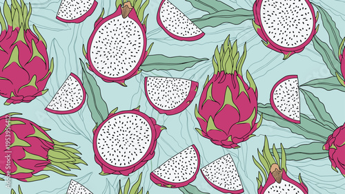 Seamless vector pattern featuring vibrant exotic dragon fruits and slices on a refreshing light blue background for summer design.